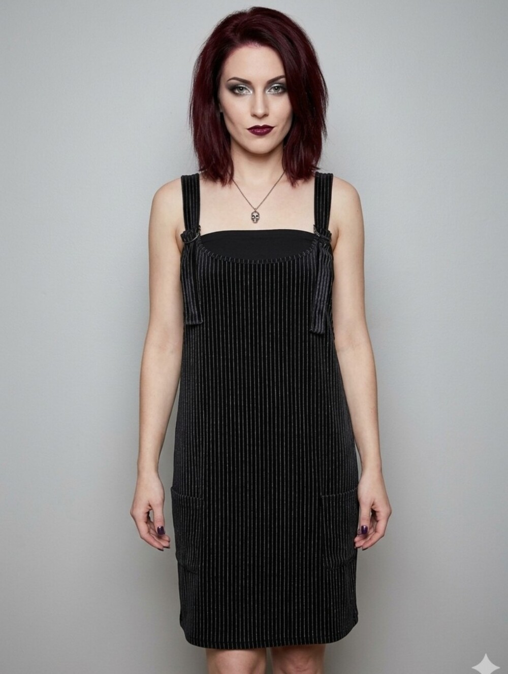 ModCloth Black Metallic Silver Pinstripe Pinafore Overall Dress, Size L